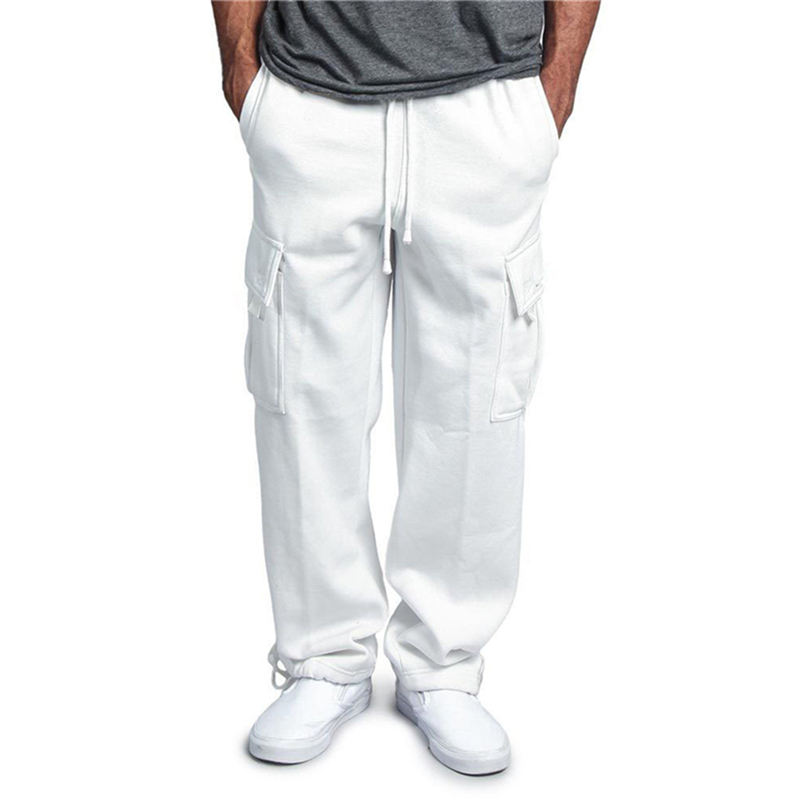 

Men Plus Size Casual Pants -5XL Autumn Pockets Lace Up Solid Color Middle Waist Trousers Fashion Male Straight Pants, White