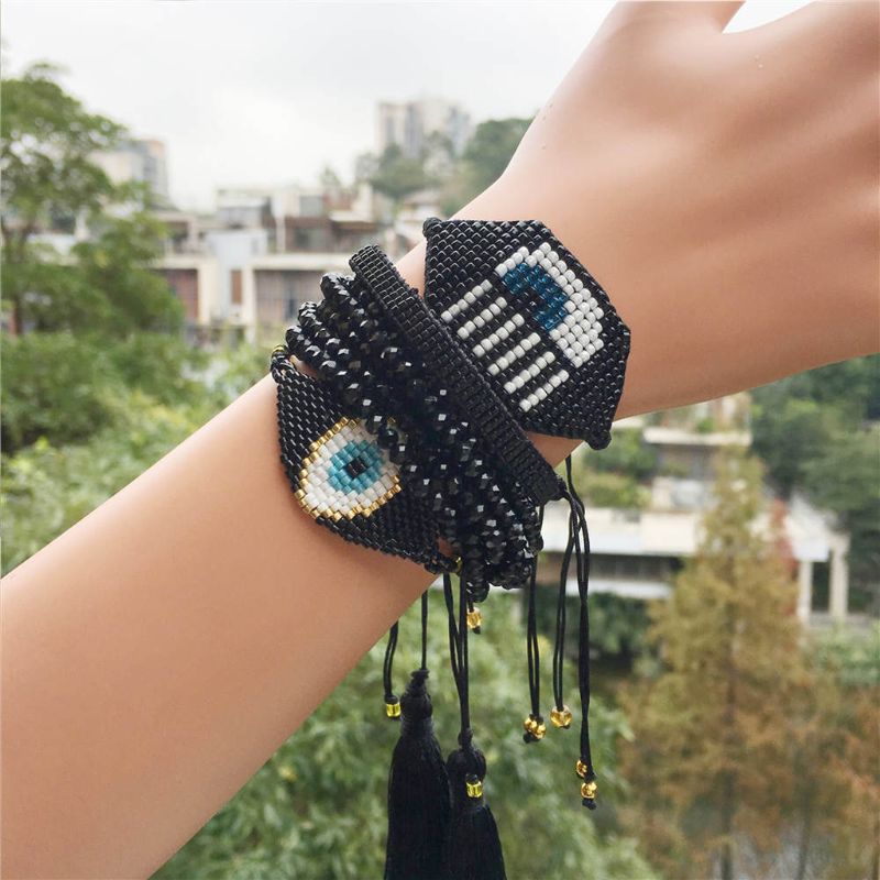 

Handmade Black Evil Eye Seed Beads Bracelets Set Woven Friendship Jewelry Y4QB