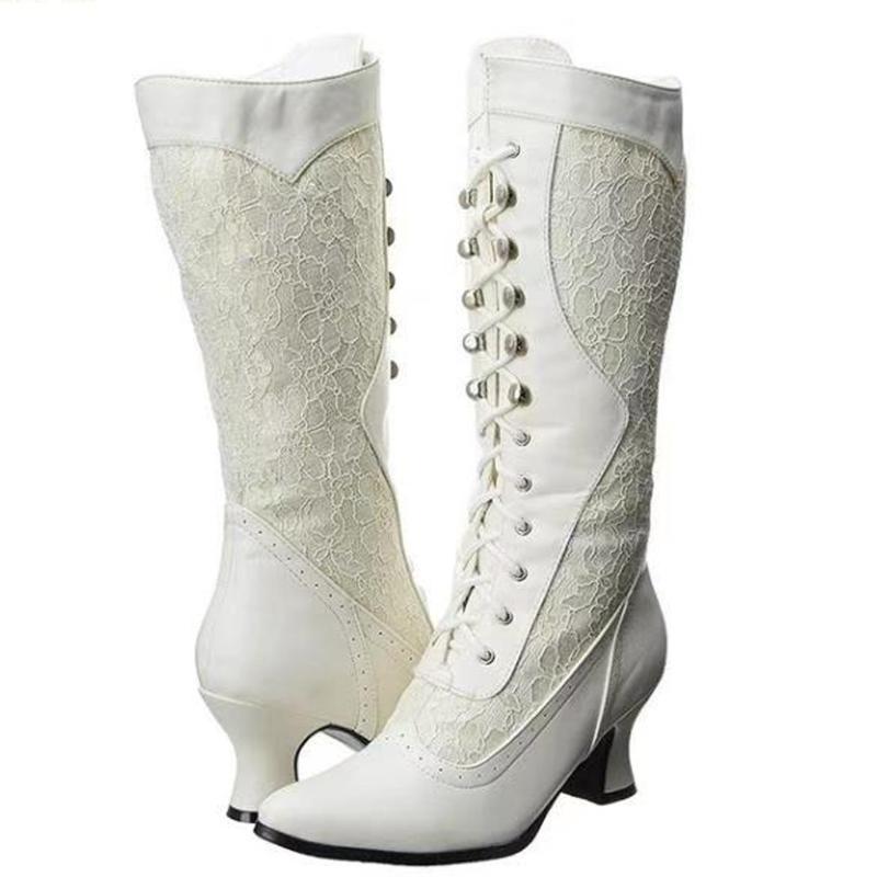 

High Heeled Women Boots Fashion white Lace Pointed Toe Shoes Side Zip Mid-Tube Booties plus size 35-43 Drop Shipping shoes, Black