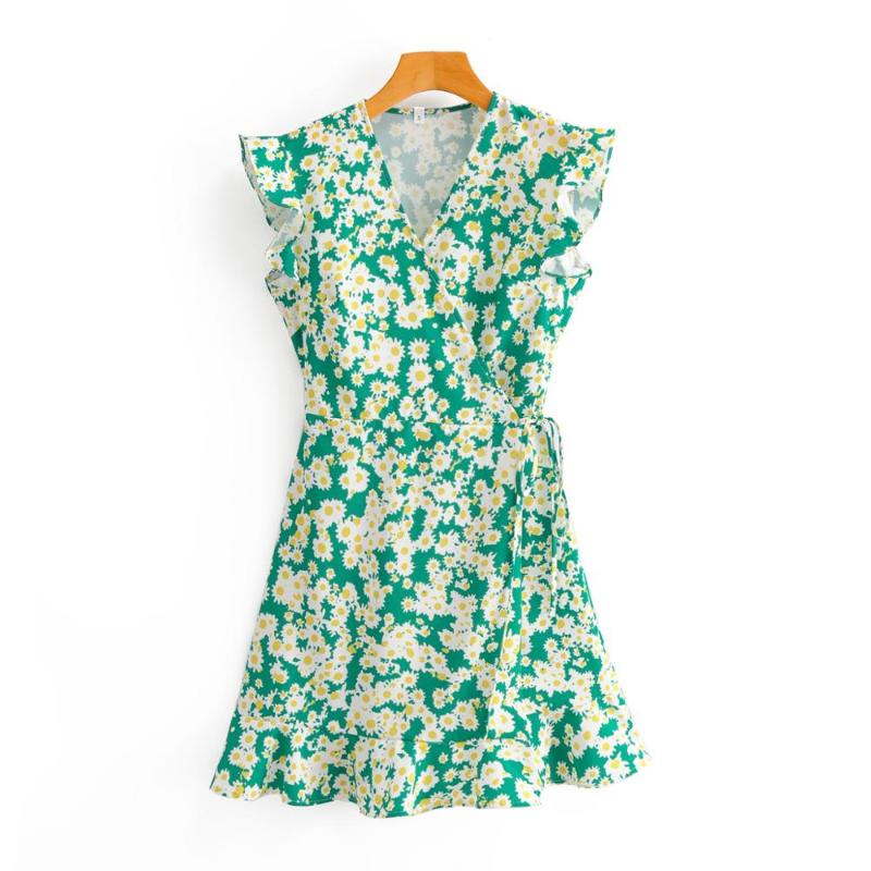 

New 2020 Women sweet V-neck little sunflower print mini Dress female Sleeveless green waistband wrap Chic casual Dresses DS3765, As pic ds3765ff