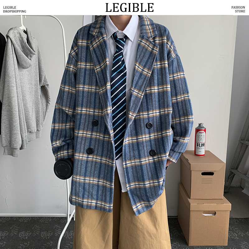 

LEGIBLE Plaid Wool Jackets Mens Winter Overcoat Turndown Collar Jackets Coats Mens Casual Korean Button Windbreaker Men, Blue