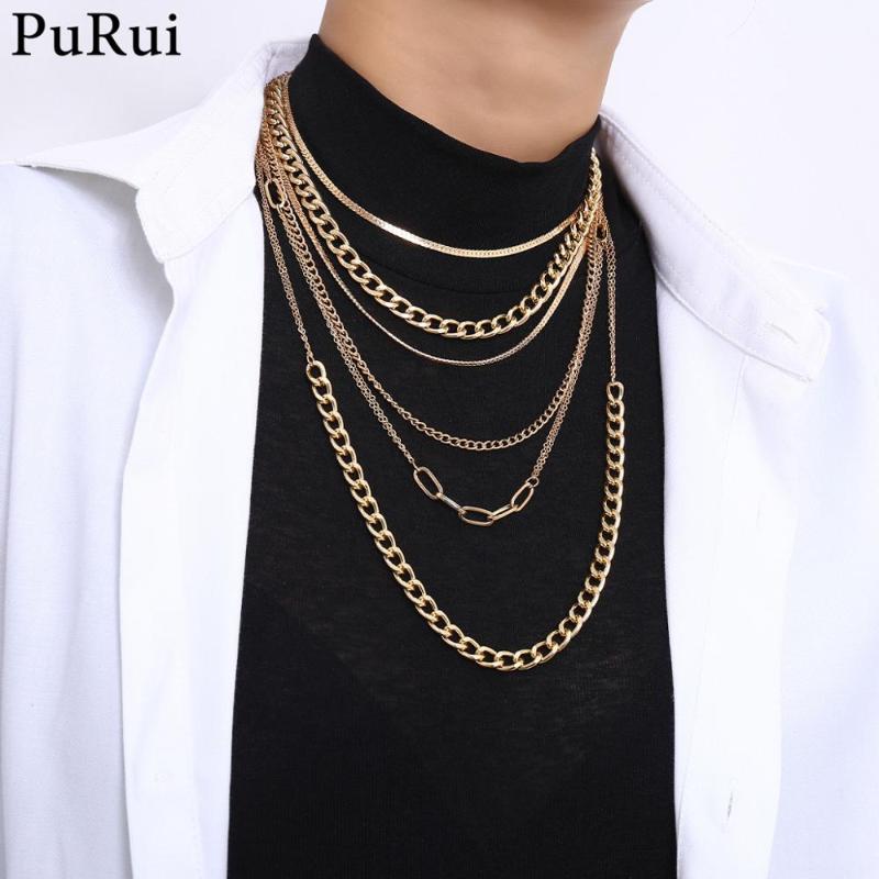 

PuRui Layered Chain Necklace Punk Hip Hop Fashion Jewelry Statement Gold Color Long Choker Collar Necklace for Women