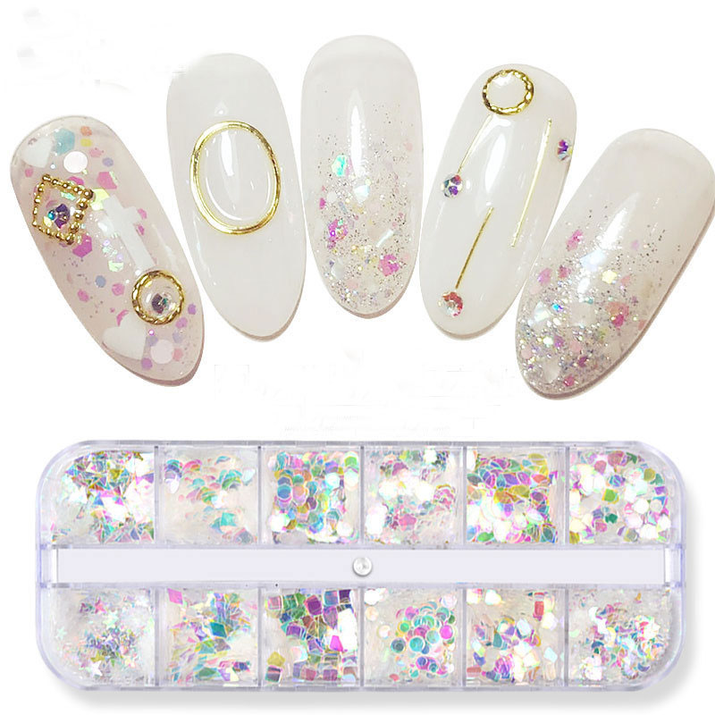 

12grids/box Mermaid Nail Art Decoration Holographic Acrylic Transparent Paillete Nail Glitter Flake for Manicure Decoration