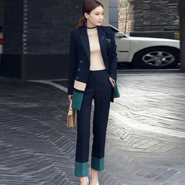 

HIGH QUALITY Long section Pant Suits Women Office Business Suits Formal Work Wear Sets Uniform Styles Elegant Pant DC291, Navy blue