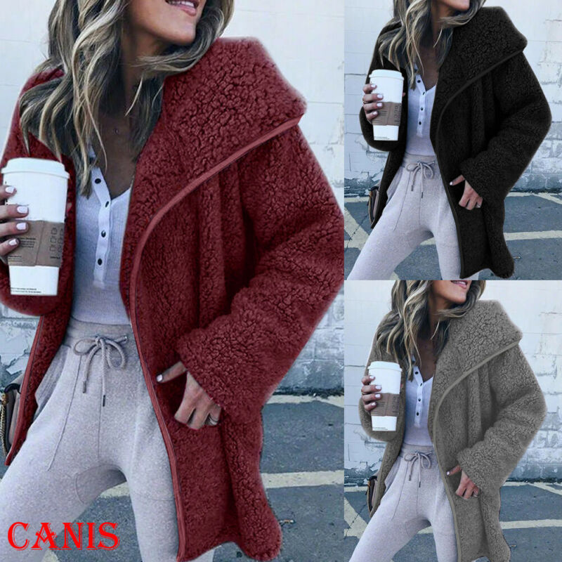 

Women's Jackets Autumn Winter Women Teddy Bear Fluffy Fleece Long Coat Jacket Warm Outwear Tops Female Fashion Zipper, Burgundy