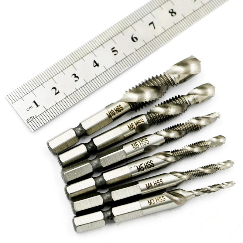 

6PCS HSS4341 Hex Shank Spiral Screw Thread Taps Drill Bits Set Hex Tap Drill Bits Metric/Imperial Spiral Fluted Machine Screw