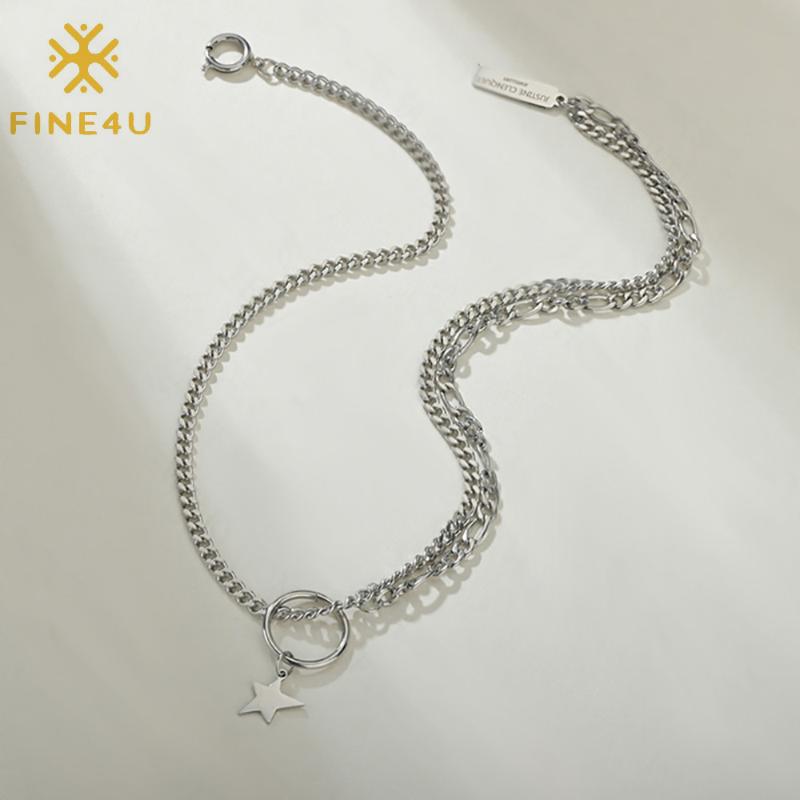 

FINE4U N614 Men Chunky Figaro Chain Necklace Stainless Steel Star and Circle Pendant Necklace for Unisex Jewelry