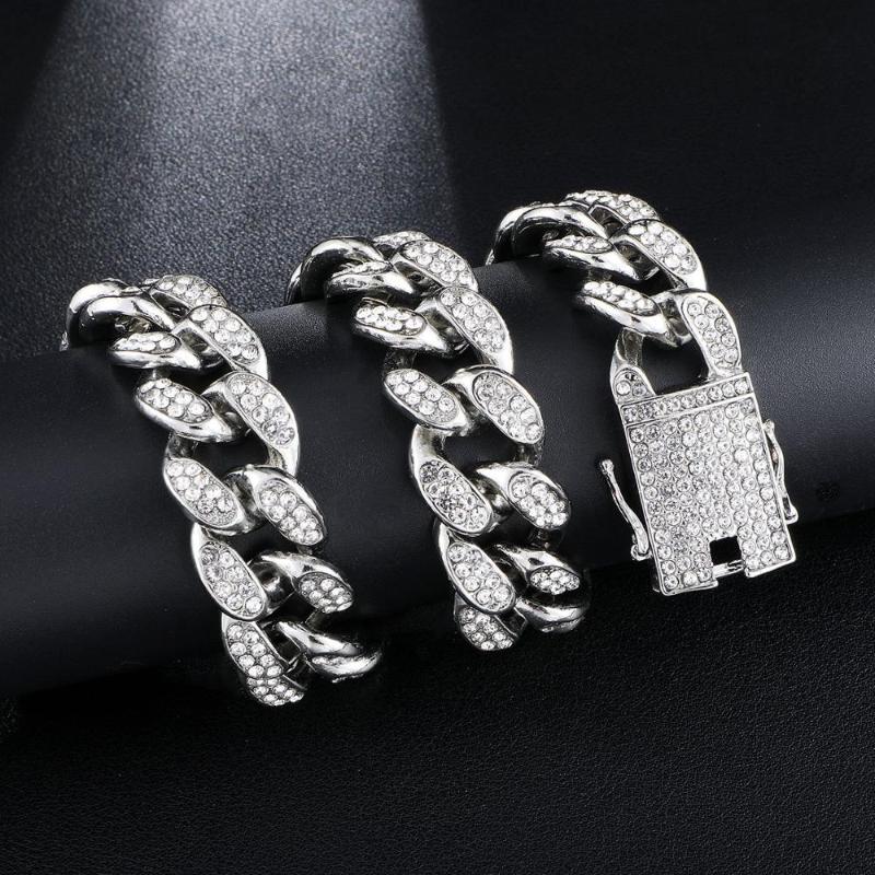 

Hip Hop 1Set 20MM Full Heavy Iced Out Paved Rhinestone Miami Curb Cuban Chain CZ Bling Rapper Bracelet Necklaces For Men Jewelry