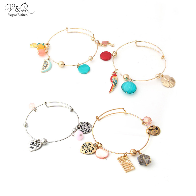 

Imitation Gold/RH Plated Stretch Bracelet With Epoxy Pineapple/ Watermelon/ Shell / Flamingo/Letter Pendants Bohemian Bracelets