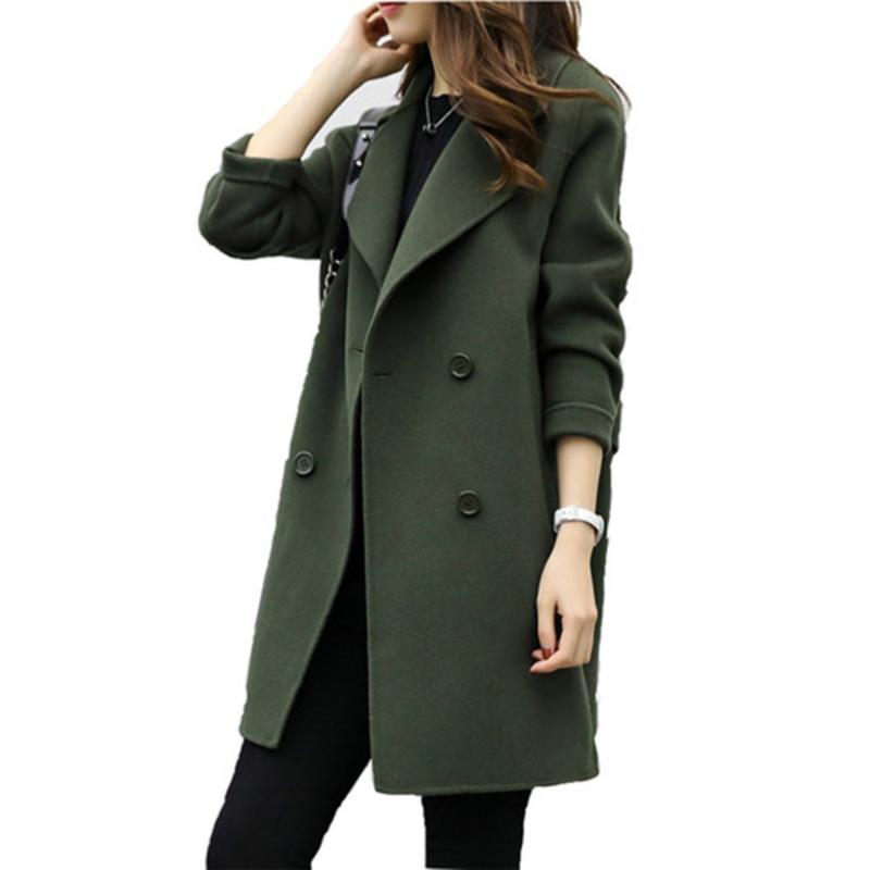 

Female Double-breasted Overcoat Long Sleeve Turn-down Collar Slim Fit Women Army Green Woolen Coats Spring Windproof Warm Jacket, Black