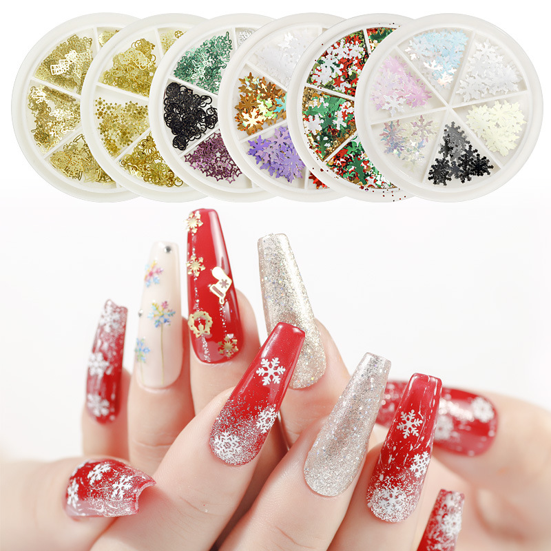 

1 Box of 6 Grids Mixed Christmas Nail Metal Ornaments Color Snowflake Christmas Tree Bell Metal Plate Nail Art Decoration Patch