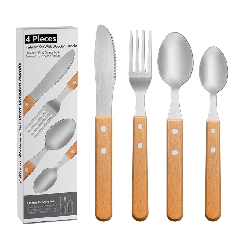 

4 Piece Stainless Steel Flatware Sets Silverware Cutlery With Wooden Handles Spoon Knives Dessert spoon Forks