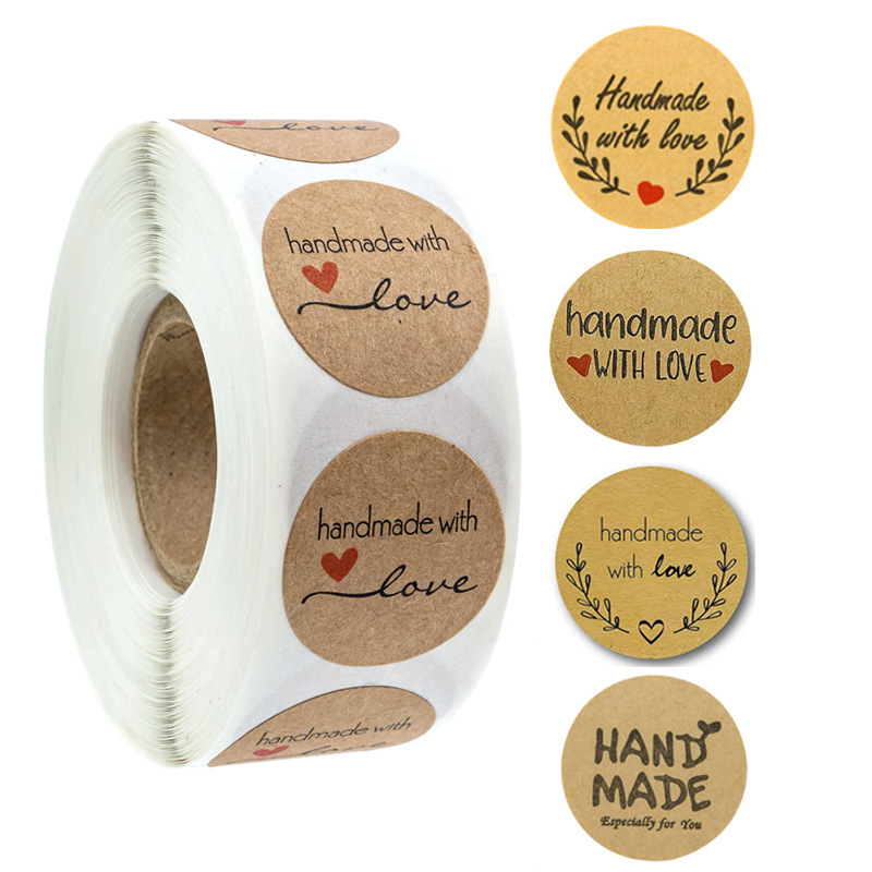 

1" Round Natural Kraft Olive Branch Handmade with Love Stickers Cake Decorating Supplies Sealing Sticker 500 Labels Per Roll