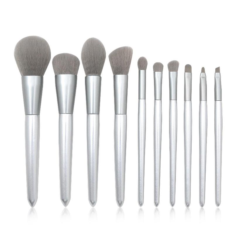 

MAG 10pcs silver conical handle grey mouthpiece and wooden handle makeup brush set L511