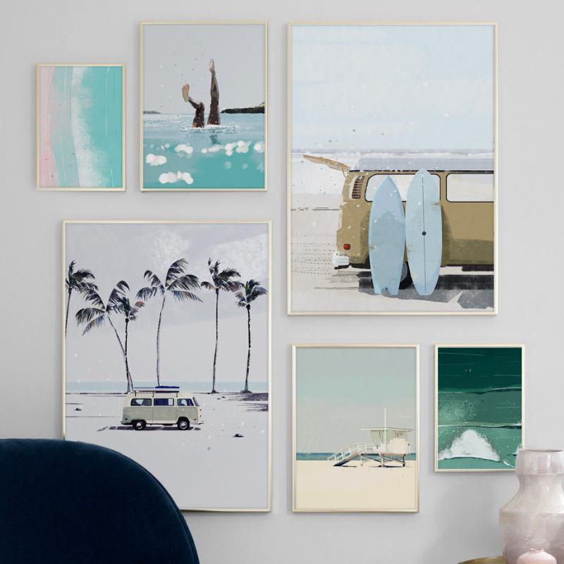 

Palm Leaves Beach Car Girl Poster Vintage Wall Art Canvas Painting Nordic Posters And Prints Wall Pictures For Living Room Decor