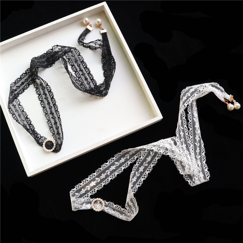 

2020 New Spring Korea White Hollow Flower Lace Pearl Round Ribbon Bow Necklace Choker Clavicle Necklace For Girl Cute Jewelry