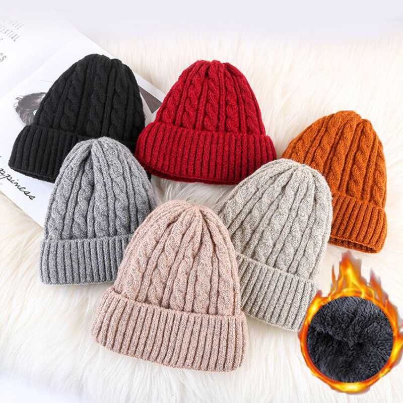 

Solid Color Wool Knit Beanie Women Fashion Casual Hat Warm Female Soft Thicken Fleece Twist Cap Bonnet Ski, Black