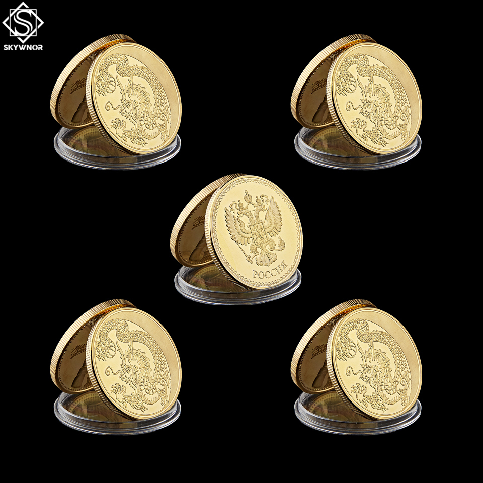 5PCS Retail Russia Zodiac Dragon Fly Animal Loong Craft Gold Commemorative Coin Metal Round Gift Decor-image-586844143