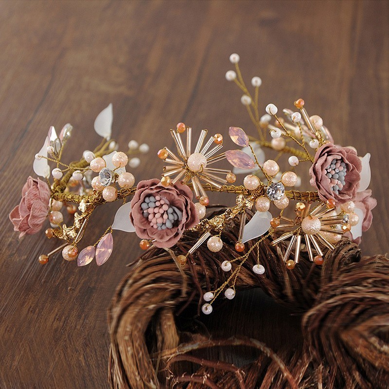 

Luxury Hair Jewelry For Women Pink Rhinestone Pearl Tiara Headbands Handmade Bridal Hairbands Wedding Hair Accessories