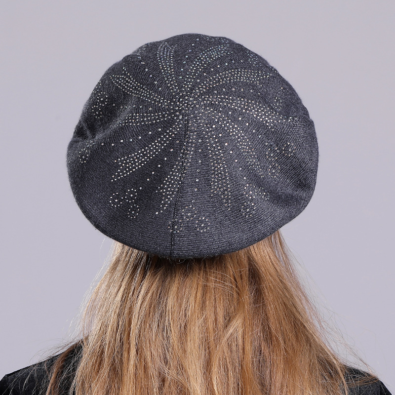 

Brand Women's French Artist Beret Hat 2020 Spring Causal Solid Wool Berets for Ladies Knitted Rhinestone Cashmere Beret Cap Hats, Black
