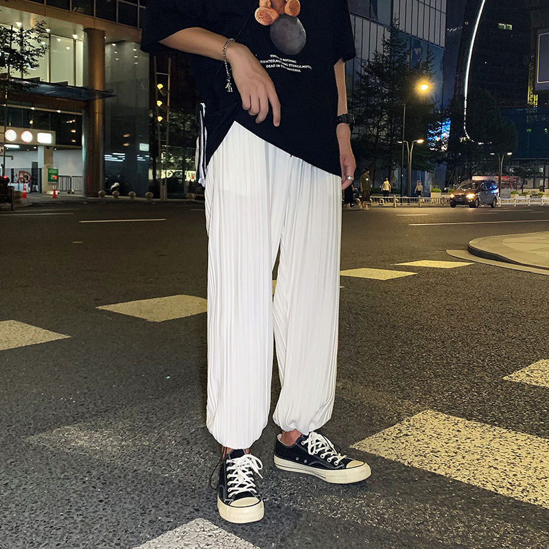 

Summer Pleated Pants Men's Fashion Solid Color Drawstring Casual Pants Men Streetwear Wild Hip-hop Loose Straight Mens, Black