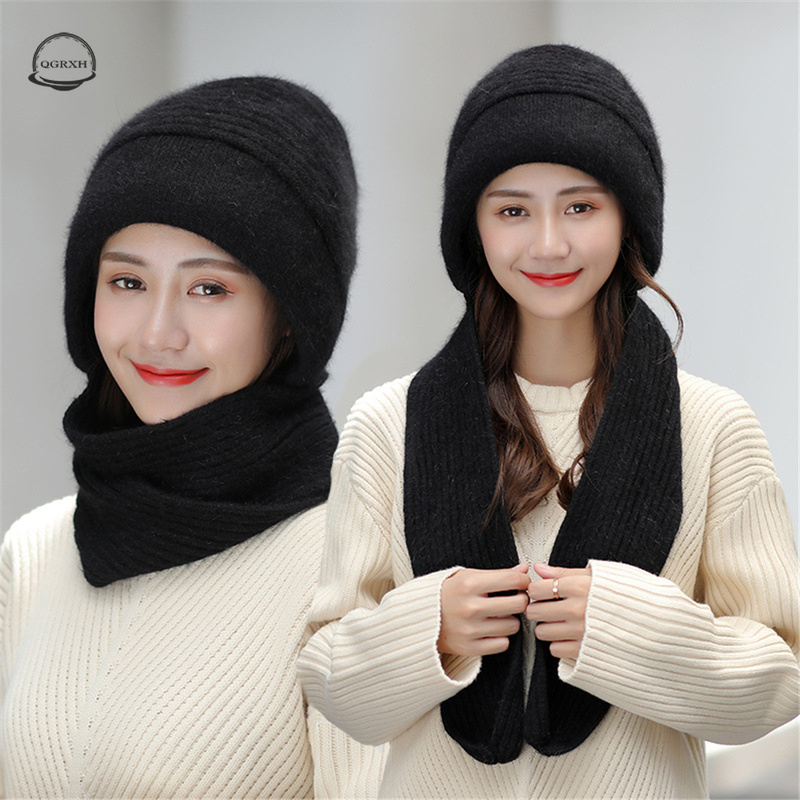 

New Winter Women Skullies Hats Combined with Scarf Lady Pure Color Knitted Beanie Hat Female Warm Outdoor Fur Bonnet Caps, White