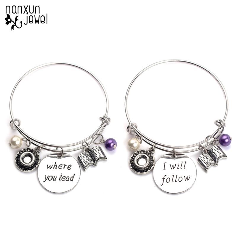 

2pcs/set"Where You Lead I Will Follow"Hand Stamped Bangles bracelet Book Teacup Pearl Charm Pendant Bracelets For Lovers Jewelry