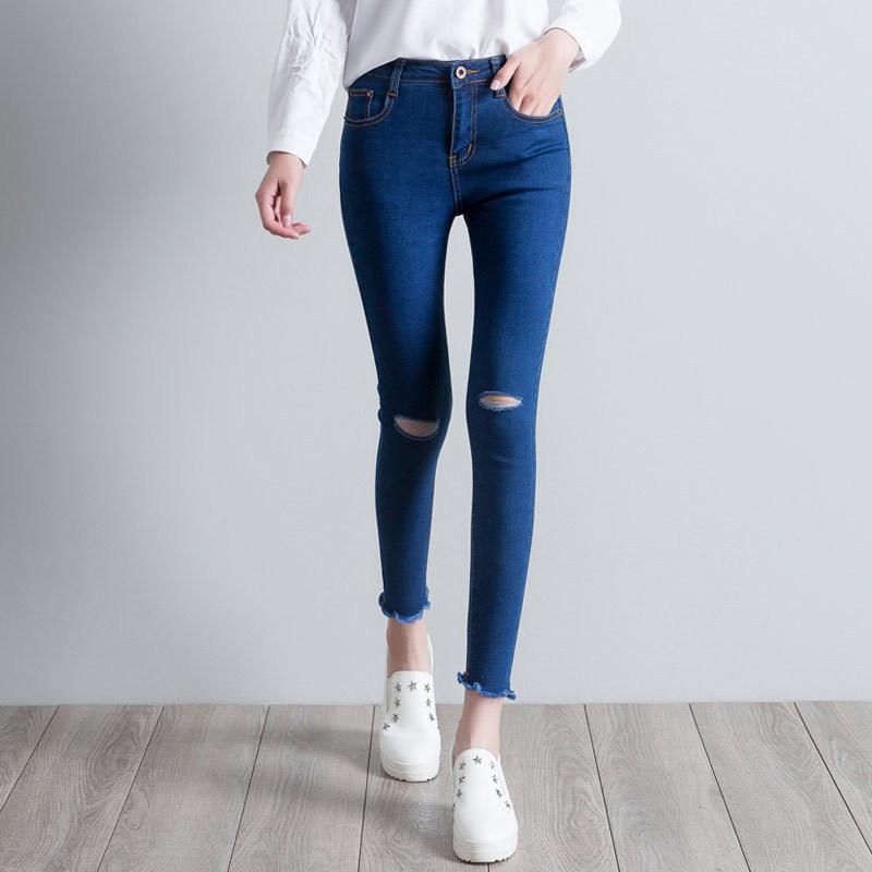 

2020 New Fashion Jeans Women Elastic High Waist Slim Skinny Frayed Pants Lady Casual Keen Hole Pencil Jeans Plus Size, Black