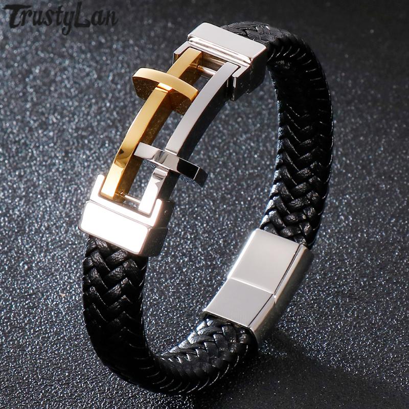

Rope Chain Pray Cross Bracelet Man Leather Gold/Black Stainless Steel Mens Bracelets Hand Jewelry Wrap Band With Magnet Clasp