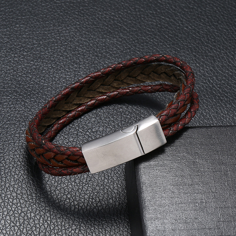 

Trendy Male Jewelry Multilayer Braided Stainless Steel Leather Bracelet Men Magnet Wrap Bracelets&Bangles Jewelry