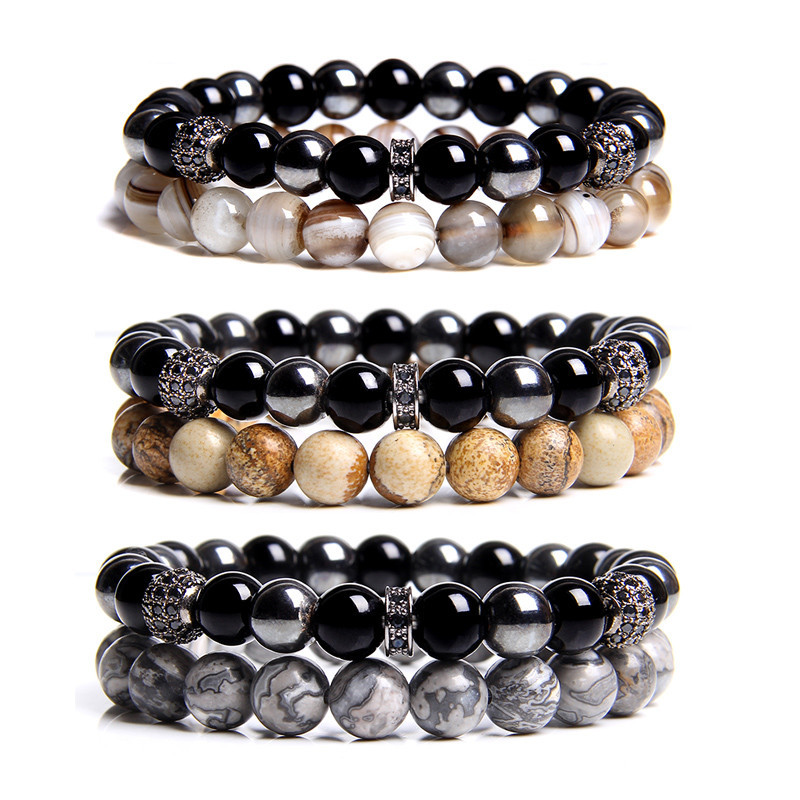 

2 Pieces Couple Bracelets Women Natural Polished Botswana Agat Beads Bracelet Men Black Onyx Hematite CZ Charm Bangle Jewelry