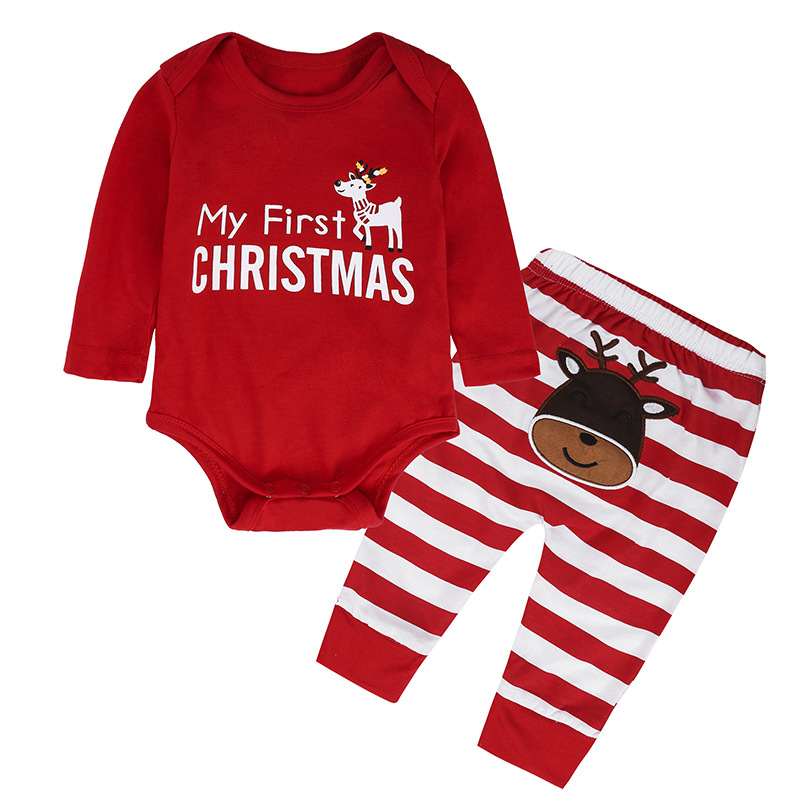 

2020 Fall/ Winter Baby Girls Boys Christmas Elk Long Sleeve Two-piece Suit Letter Rompers + Striped Pants Kids Jumsuits Outfit, Picture color