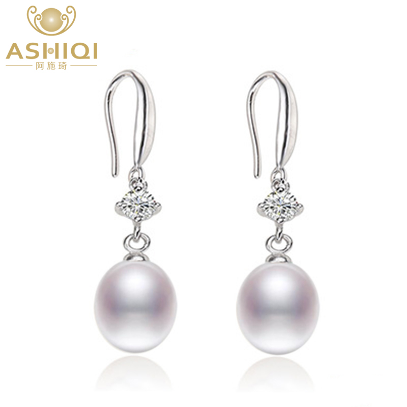 

ASHIQI Authentic 925 sterling silver earring 8-9mm Natural Freshwater Pearl Drop Earrings ZC for Women Gift Drop shipping