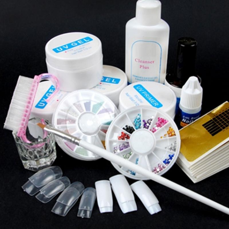 

ro UV Gel Pink Clear White Top Coat Nail Glitter File Buffer Cleanser Plus Form Brush Pen Nail Art Tool Kit