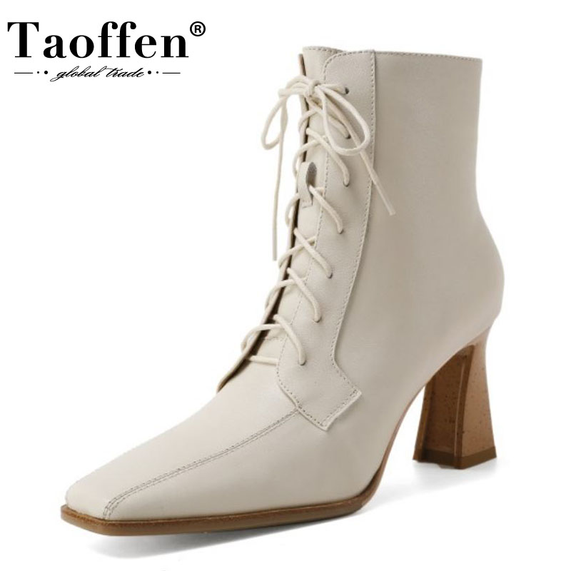 

Taoffen Real Leather Women Ankle Boots High Heel Cross Strap Zipper Shoes Square Toe Winter Boots Fashion Footwear Size 33-40, Black