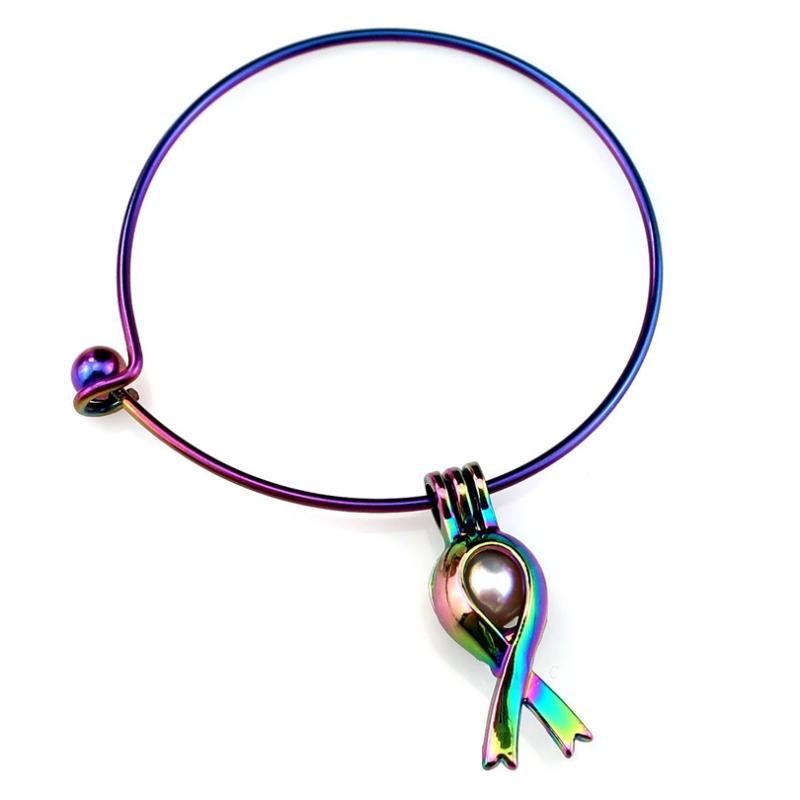 

B-C285 Rainbow Ribbon Sign Beads Cage Locket Wrist Girl Women Expandable Wire Steel Bracelet Bangle
