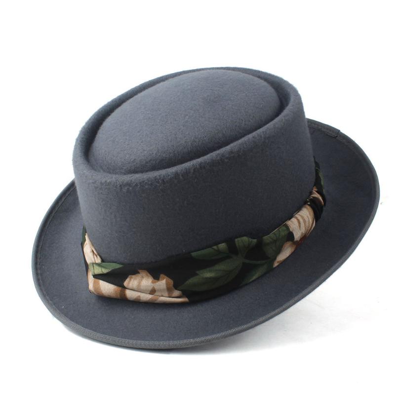 

2020 Fashion Women Pork Pie Hat with Ribbon Wool Fedora Hat Outdoor Casual Porkpie Fascinator Size 58CM, Gray