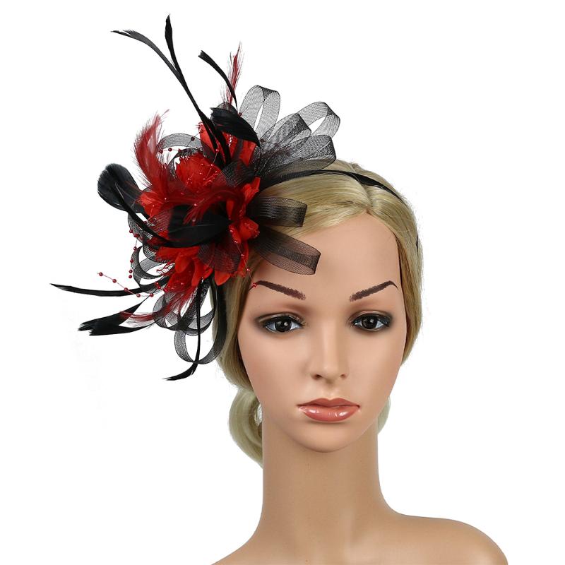 

Feather Mesh Bridal Wedding Gift Party Hat Cocktail Women Fascinator Headband Day Hair Accessory Fedoras Banquet, Navy
