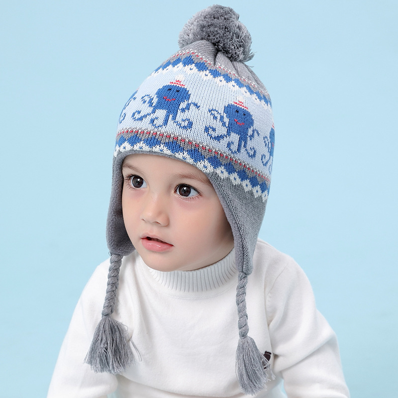 

Winter Hat Boy Kid Knit Beanie Earflap Autumn Warm Skiing Pompom Cotton Animal Octopus Outdoor Fleece Accessory For Toddler, As pic