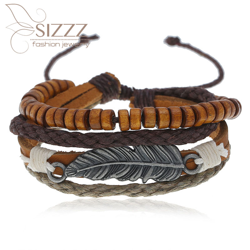 

Charm Bracelets SIZZZ 2021 Factory Direct Supply Of Vintage Alloy Leaf Skin Multi-layer Wooden Beads Bracelet&bangles For Women/men