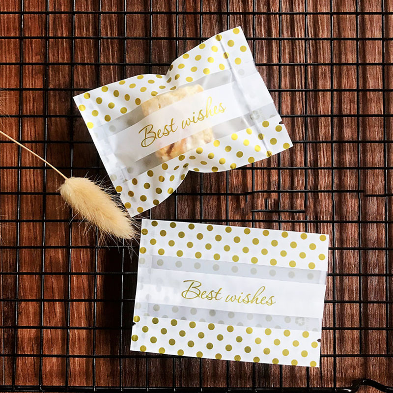 

100pcs/lot Nougat Wrapping Party Goodie Bags Golden Frosted Adorable Black Polka Dot Transparent Bar Handmade Snowflake Crispy