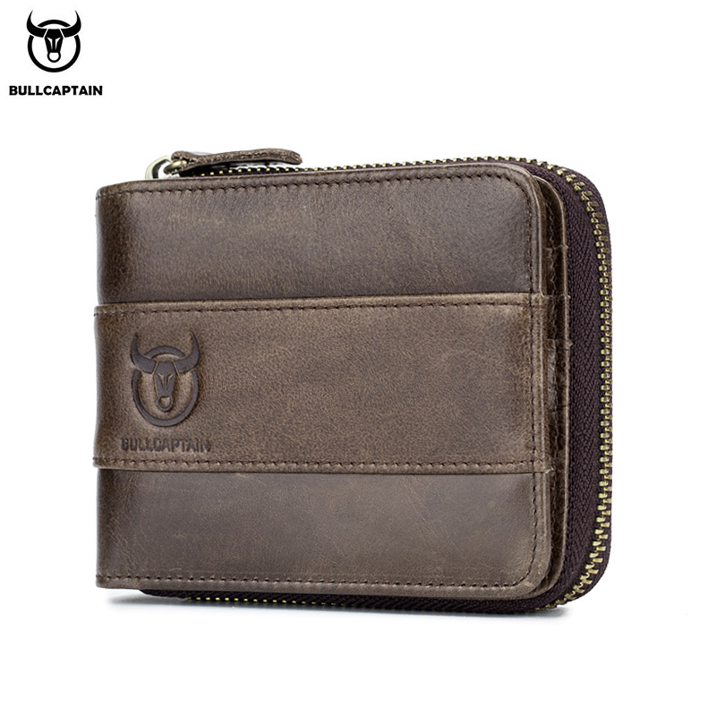

BULLCAPTAIN leather wallet casual first layer cowhide driving license Doka multifunctional anti-theft brush men's zipper wallet, Black