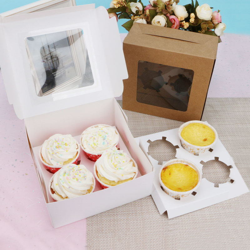 

10pcs 4 Cavities Paper Cupcake Box Kraft Paper Box With Window Carton Cup Cake Dessert Container Wedding Home Dessert