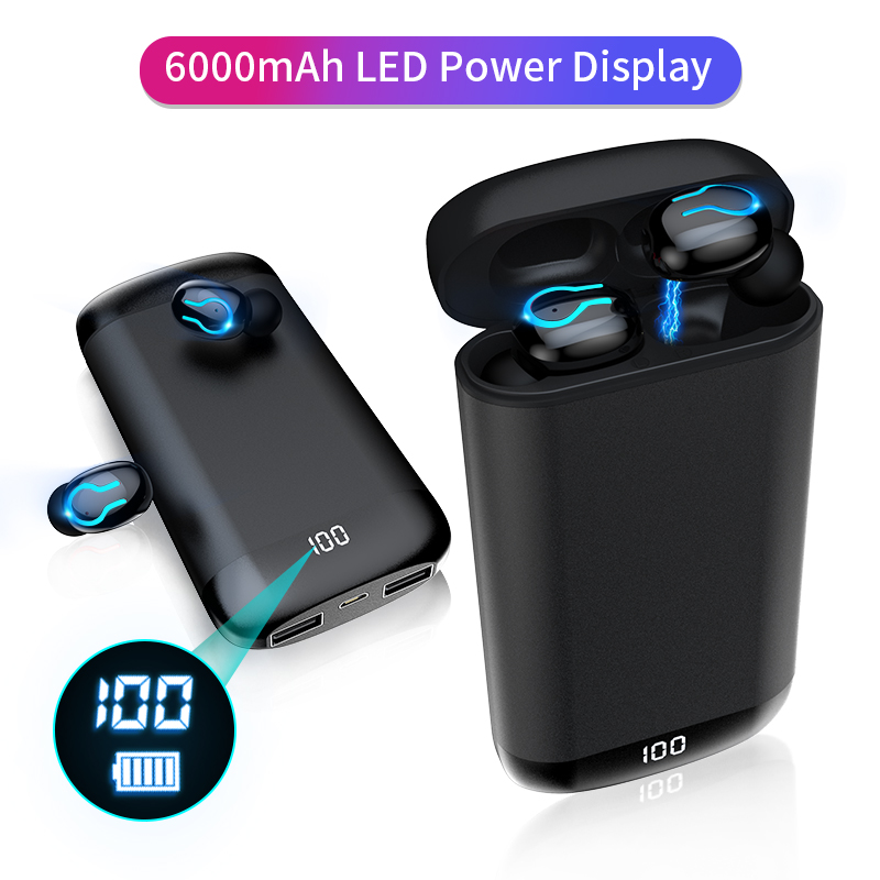 

6000mAh Large Battery Wireless V5.0 Bluetooth Earphone&Power Bank 2 In 1 Portable Stereo In-ear Headset With LED Power Display