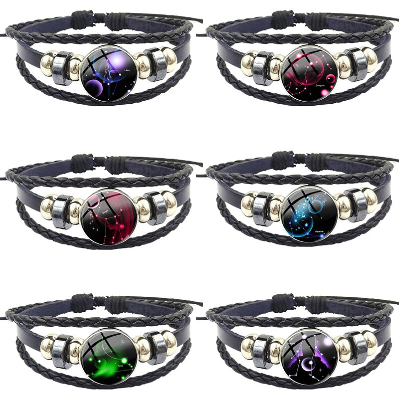 

12 Constellations For Women Wedding Gift Glass Cabochon Newest Jewelry Vintage Statement Black Leather Bracelet Bangle