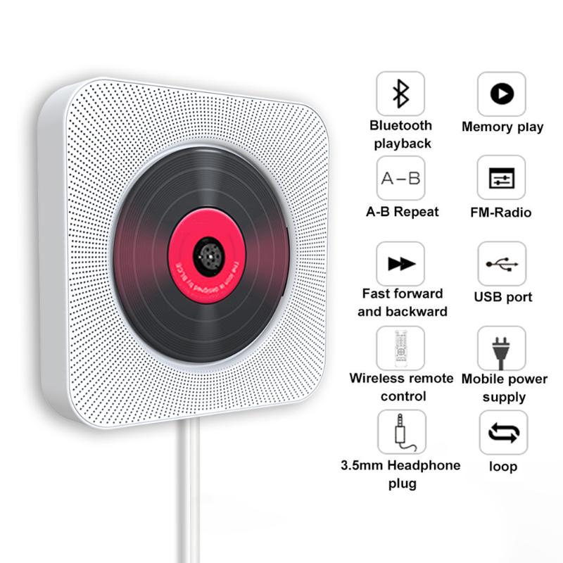 

remark) 4 color US/EU/UK plug Portable CD Player Wall Mountable Bluetooth Remote Control FM Radio HiFi Speaker with USB 3.5mm