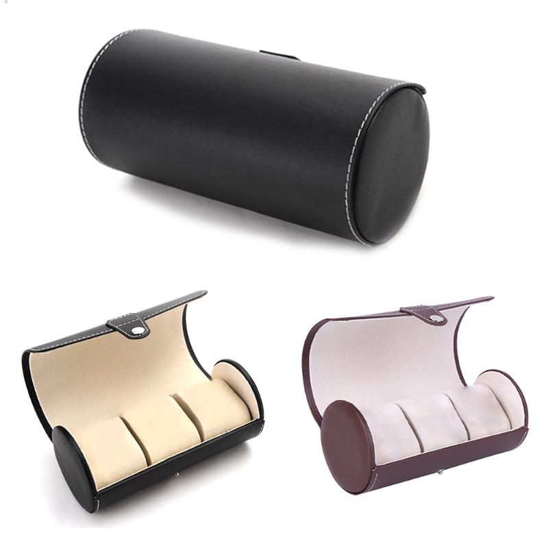 

3 Slot Durable Cylindrical Practical Jewelry Organizer Portable Smooth Surface Travel PU Leather Storage Case Watch Box