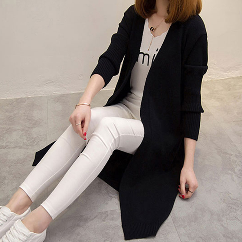 

Autumn Women Kintted Cardigans Casual Solid Color Warm Long Sweater Fashion Female Coat Abrigo Mujer, Black