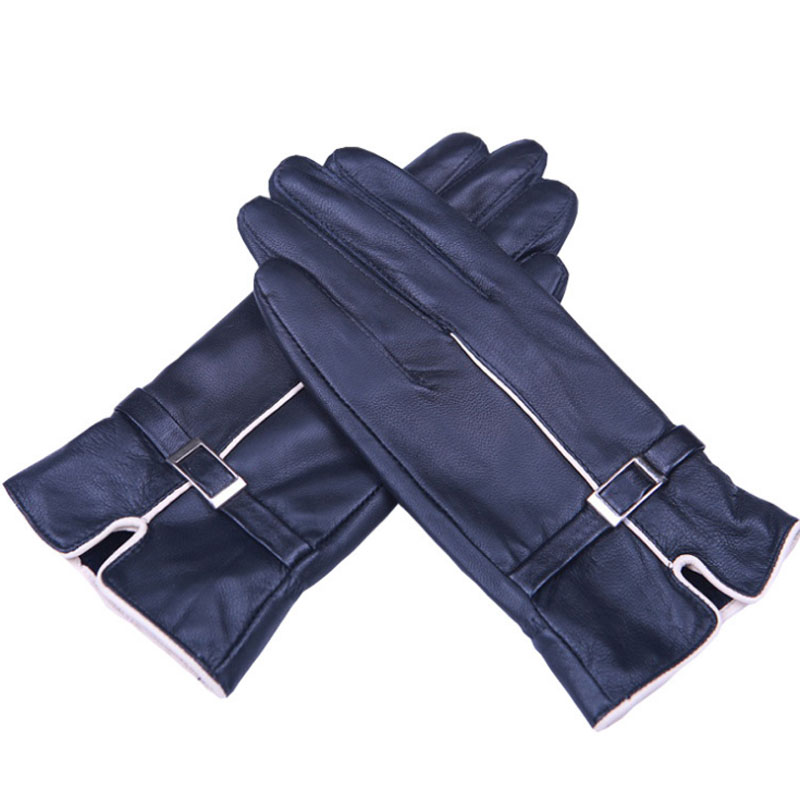 

Winter Women Buckle Genuine Leather Gloves Black Woolen Invierno Mujer Solid Fashion steampunk accessories fingerless gloves