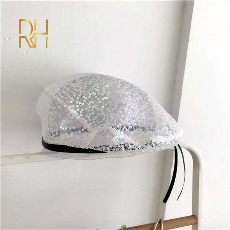 

Women Sequins Hat Shiny Summer Breathable Jazz Glitter Dance Beret Round Cap Ladies Fashion Accessories Lady Painter Cap RH, White